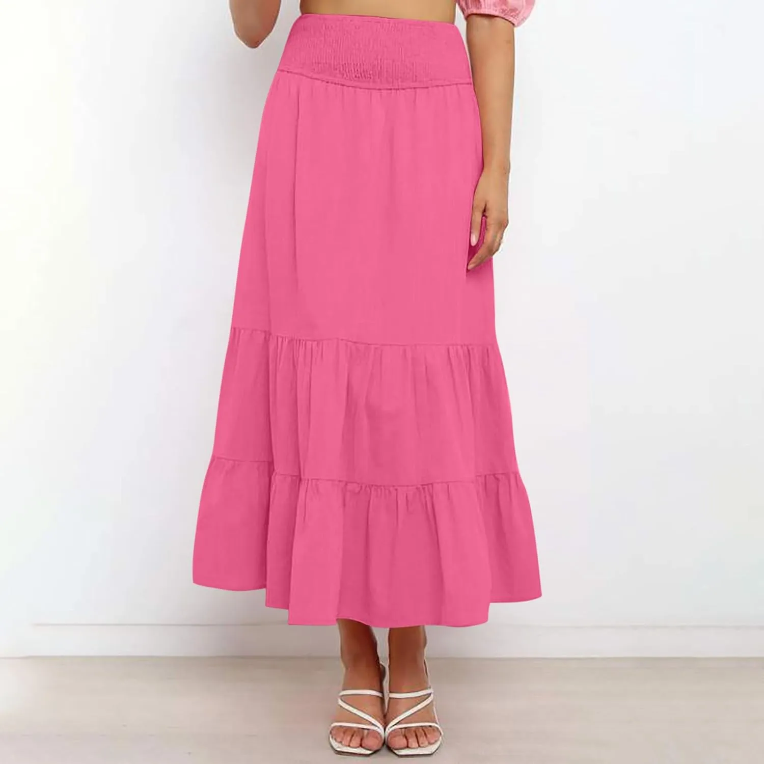 Womens Long Maxi Skirts 2025 Trendy Flowy Swing Tiered A-Line Skirt Summer Elastic High Waist Solid Boho Beach Outfit