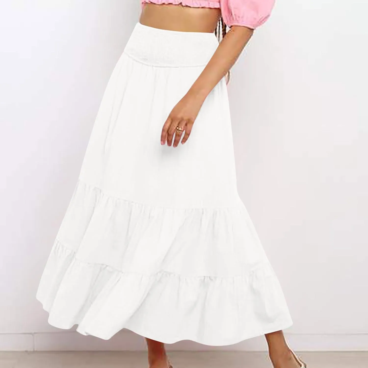 Womens Long Maxi Skirts 2025 Trendy Flowy Swing Tiered A-Line Skirt Summer Elastic High Waist Solid Boho Beach Outfit