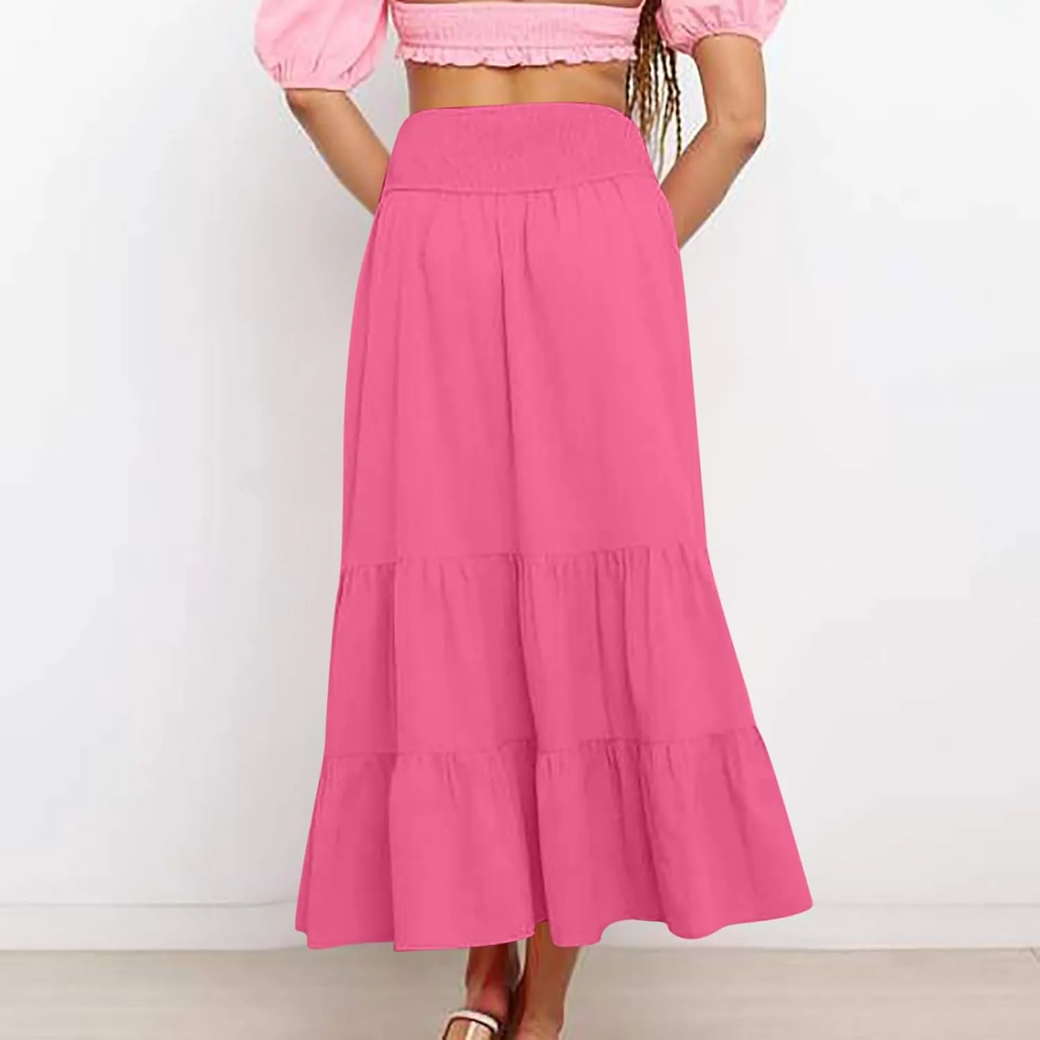 Womens Long Maxi Skirts 2025 Trendy Flowy Swing Tiered A-Line Skirt Summer Elastic High Waist Solid Boho Beach Outfit