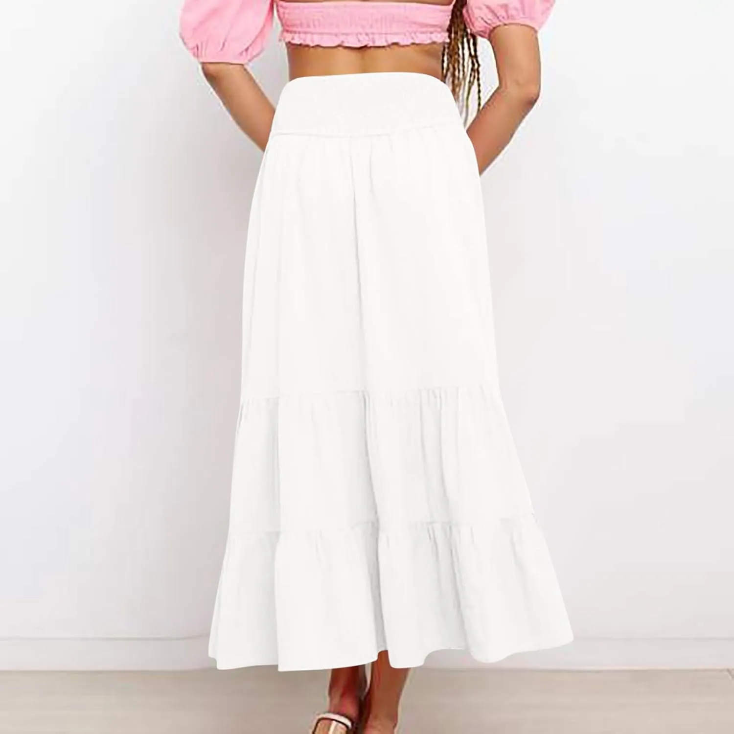Womens Long Maxi Skirts 2025 Trendy Flowy Swing Tiered A-Line Skirt Summer Elastic High Waist Solid Boho Beach Outfit