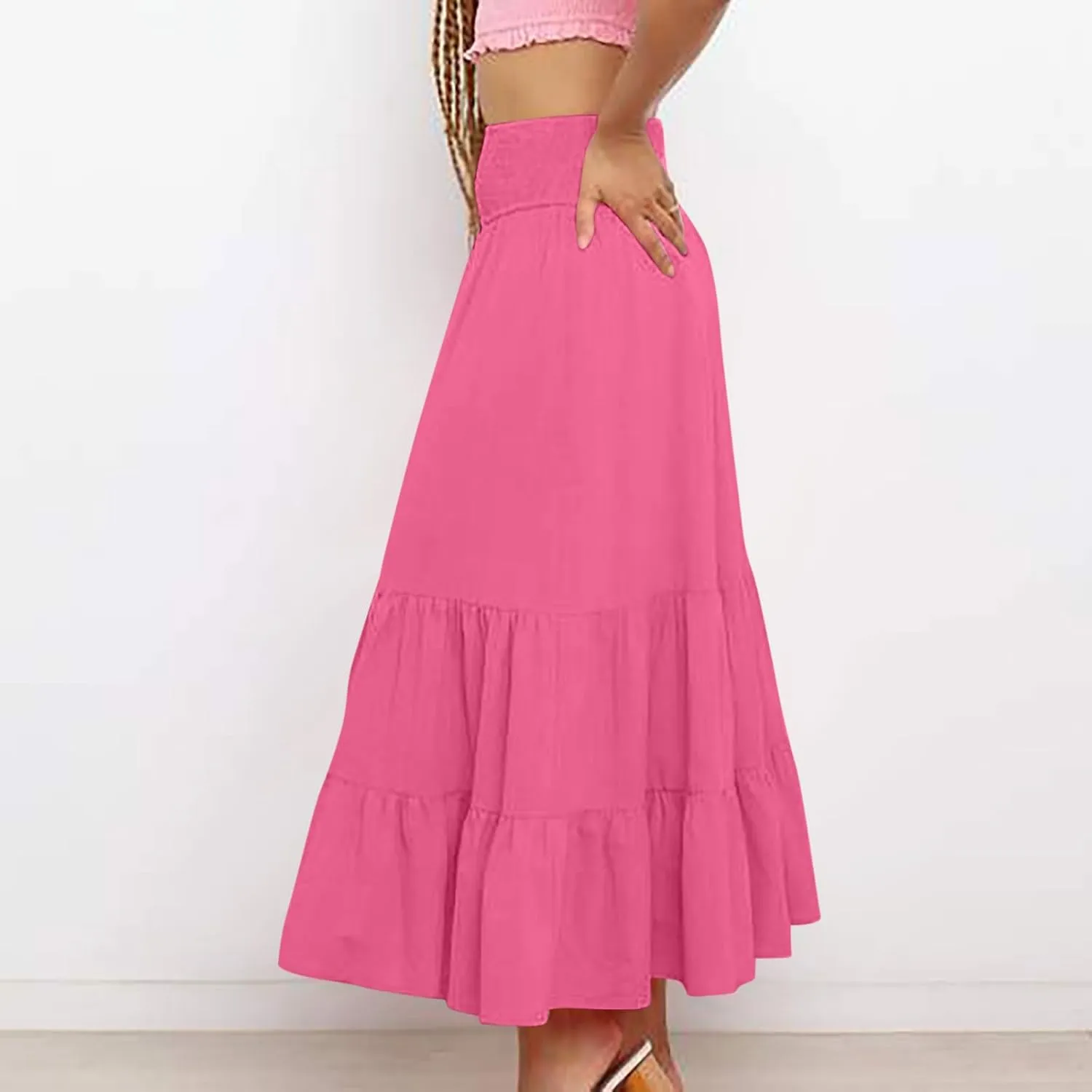 Womens Long Maxi Skirts 2025 Trendy Flowy Swing Tiered A-Line Skirt Summer Elastic High Waist Solid Boho Beach Outfit