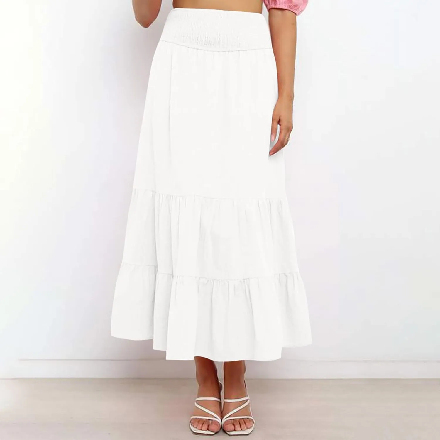 Womens Long Maxi Skirts 2025 Trendy Flowy Swing Tiered A-Line Skirt Summer Elastic High Waist Solid Boho Beach Outfit