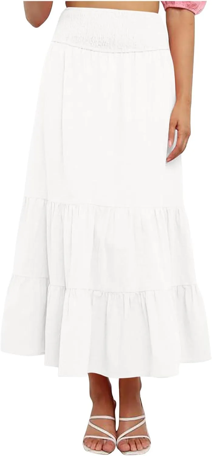 Womens Long Maxi Skirts 2025 Trendy Flowy Swing Tiered A-Line Skirt Summer Elastic High Waist Solid Boho Beach Outfit