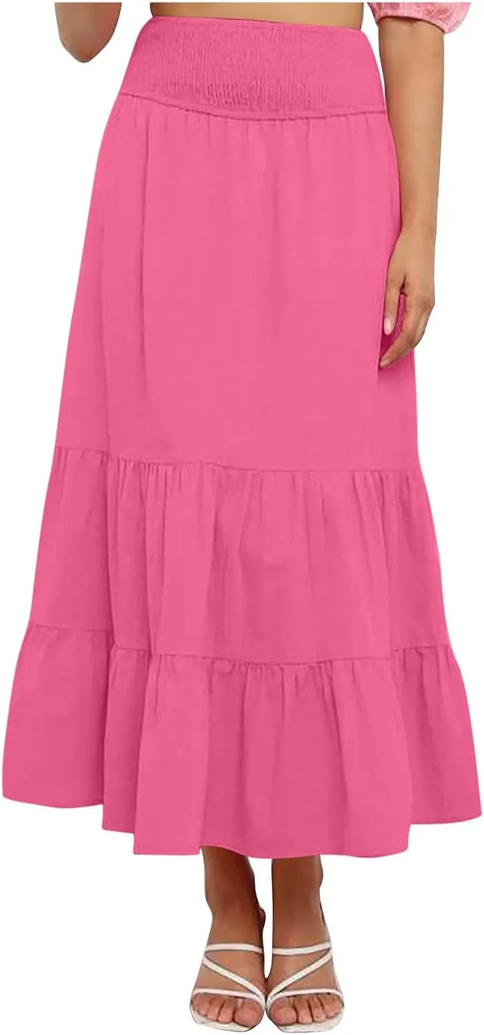 Womens Long Maxi Skirts 2025 Trendy Flowy Swing Tiered A-Line Skirt Summer Elastic High Waist Solid Boho Beach Outfit