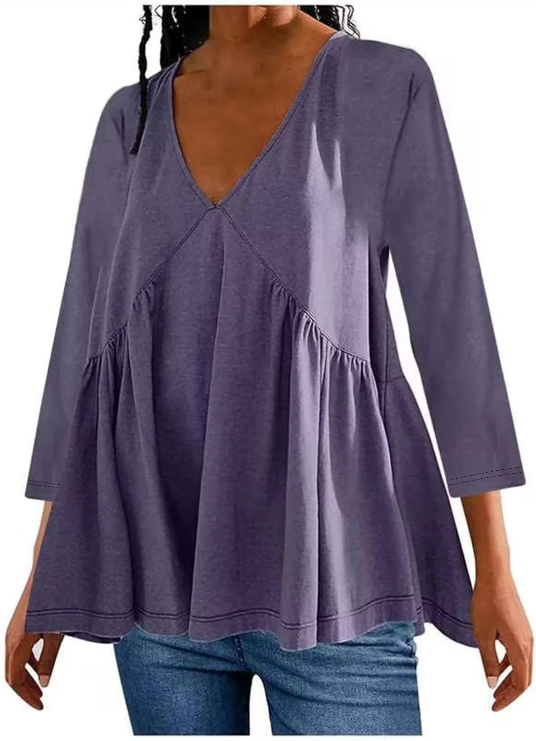 Womens Plus Size Tops 3/4 Sleeve Shirt Casual V Neck Pleated Flowy T Shirt Loose Fit Tunic Blouses Maternity Wear