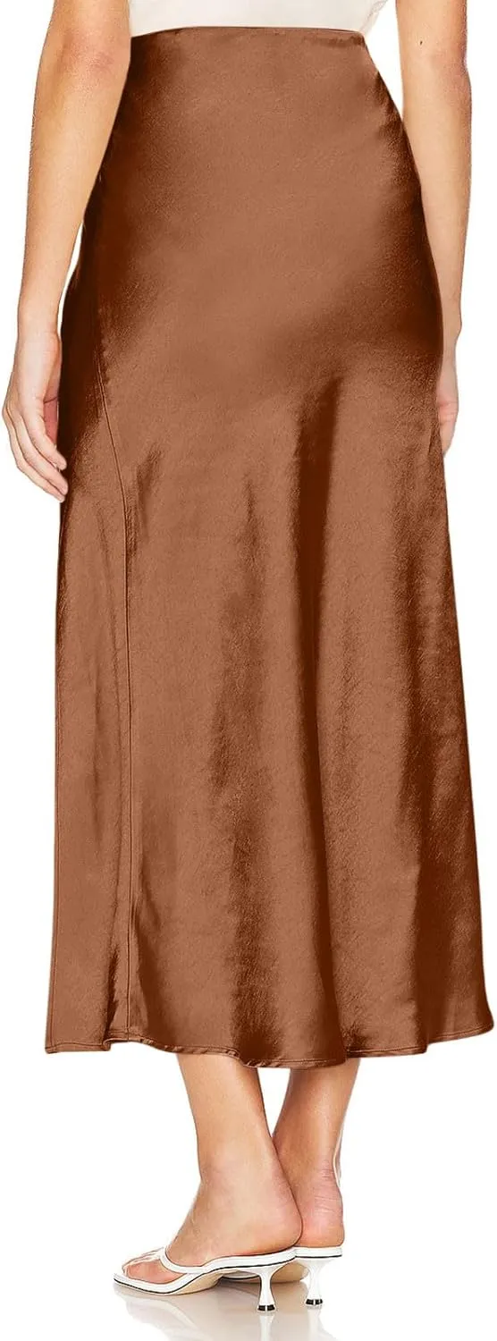 Women's Satin High Waisted Side Split Maxi Skirt Elastic Waistband Zipper Long Skirts A-Line Cocktail Work Skirt
