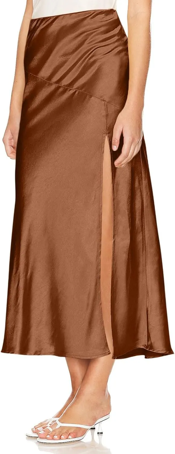 Women's Satin High Waisted Side Split Maxi Skirt Elastic Waistband Zipper Long Skirts A-Line Cocktail Work Skirt