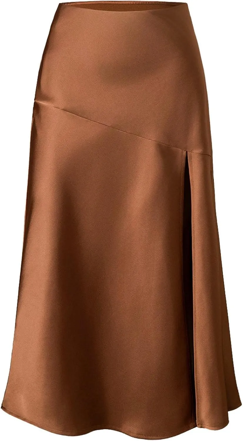 Women's Satin High Waisted Side Split Maxi Skirt Elastic Waistband Zipper Long Skirts A-Line Cocktail Work Skirt