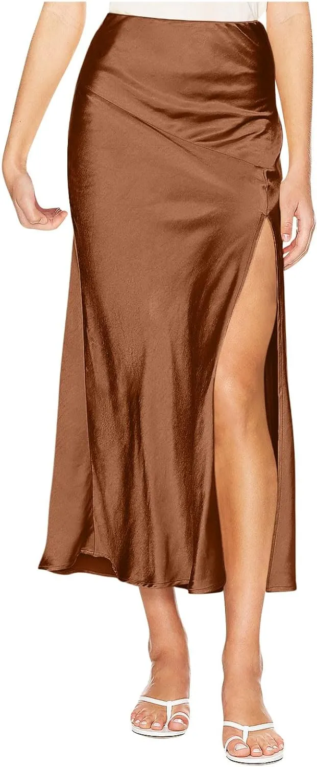 Women's Satin High Waisted Side Split Maxi Skirt Elastic Waistband Zipper Long Skirts A-Line Cocktail Work Skirt