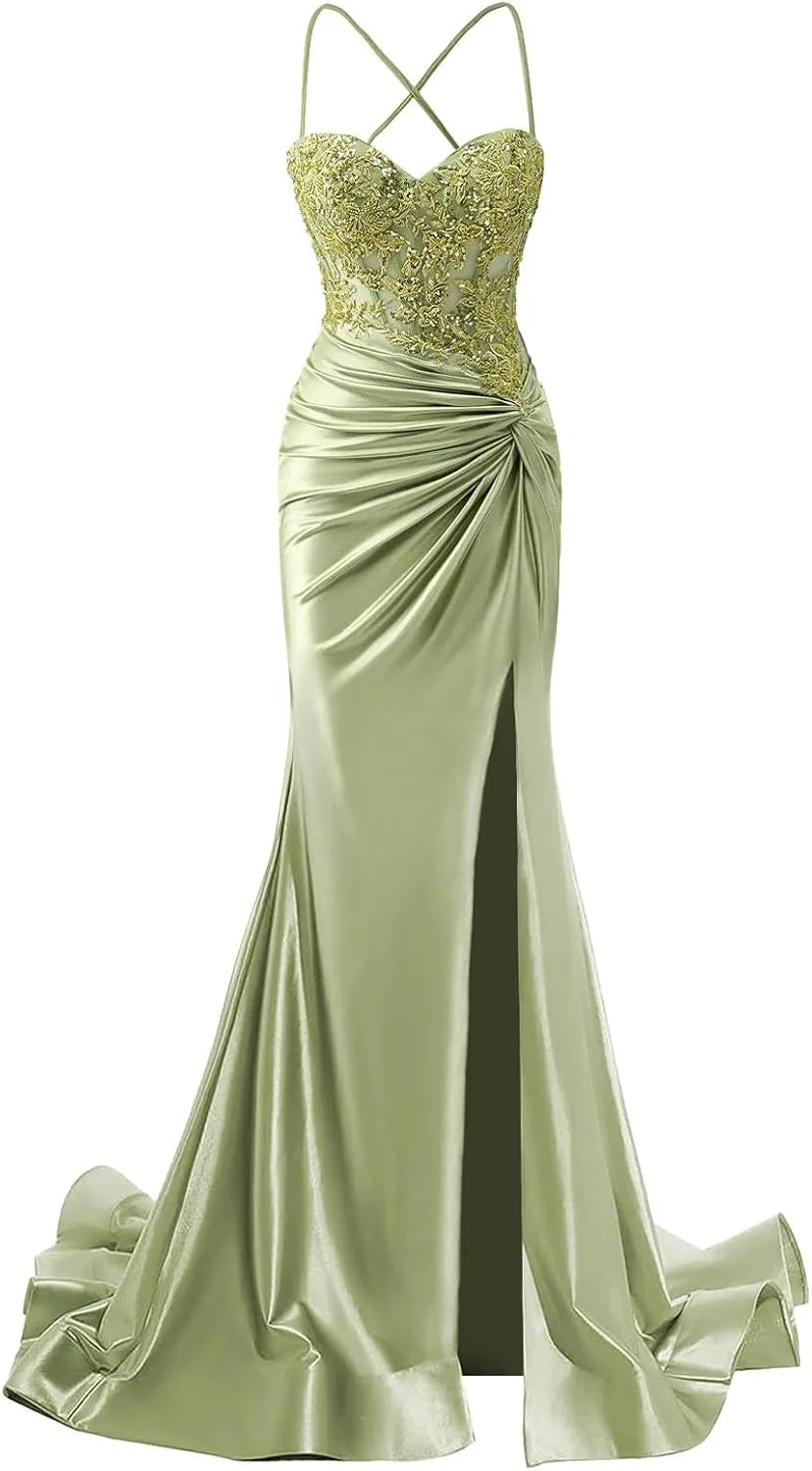 Women's Satin Prom Dresses Long Spaghetti Strap Lace Applique Mermaid Corset Formal Evening Gowns with Slit