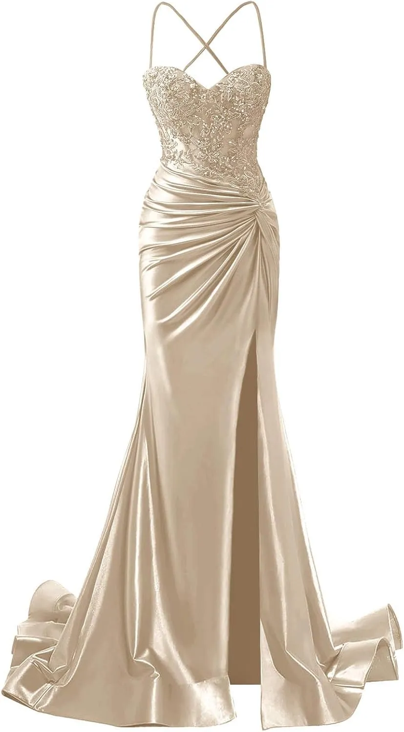 Women's Satin Prom Dresses Long Spaghetti Strap Lace Applique Mermaid Corset Formal Evening Gowns with Slit