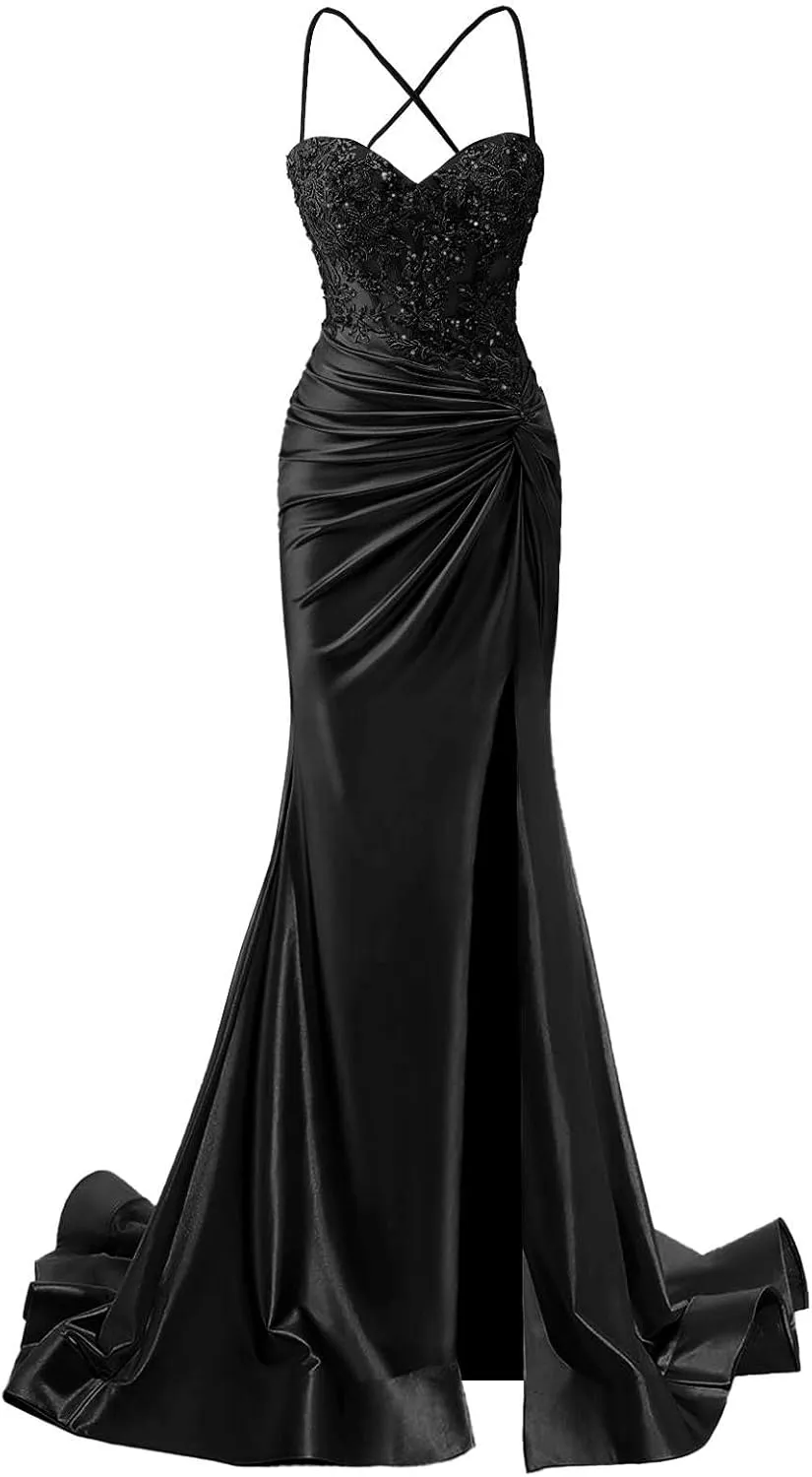 Women's Satin Prom Dresses Long Spaghetti Strap Lace Applique Mermaid Corset Formal Evening Gowns with Slit