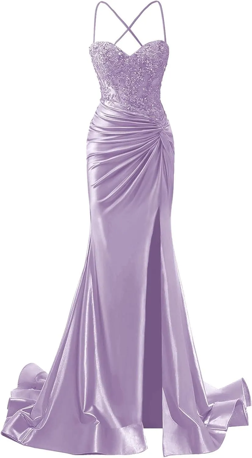 Women's Satin Prom Dresses Long Spaghetti Strap Lace Applique Mermaid Corset Formal Evening Gowns with Slit