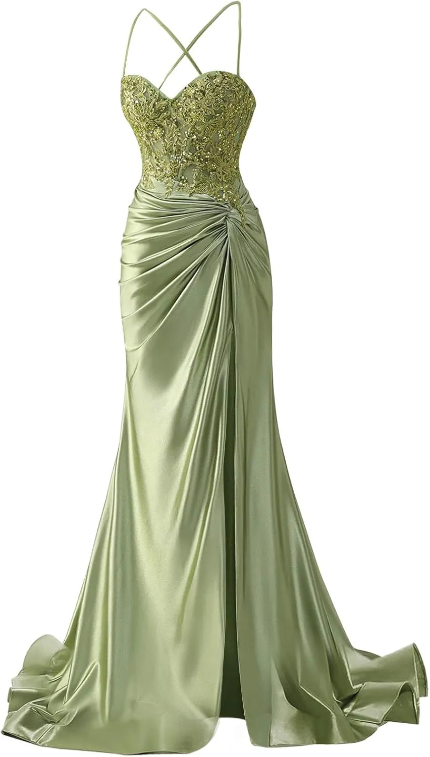 Women's Satin Prom Dresses Long Spaghetti Strap Lace Applique Mermaid Corset Formal Evening Gowns with Slit