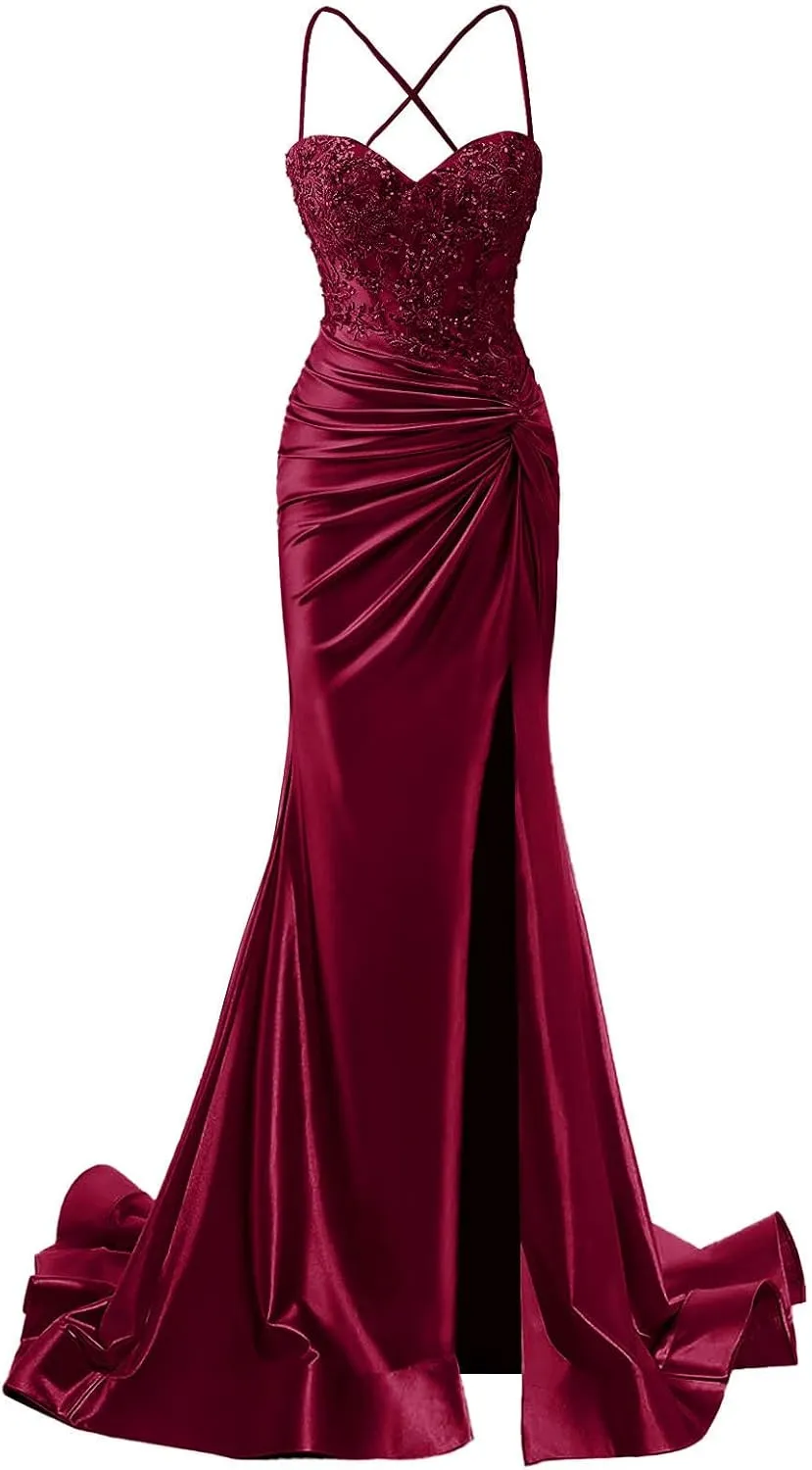 Women's Satin Prom Dresses Long Spaghetti Strap Lace Applique Mermaid Corset Formal Evening Gowns with Slit