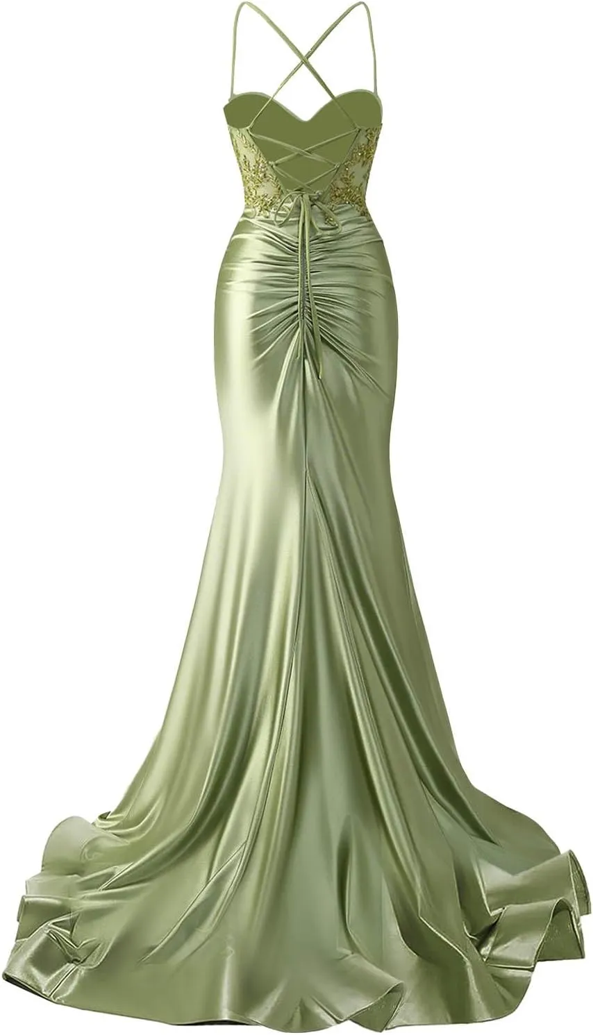 Women's Satin Prom Dresses Long Spaghetti Strap Lace Applique Mermaid Corset Formal Evening Gowns with Slit