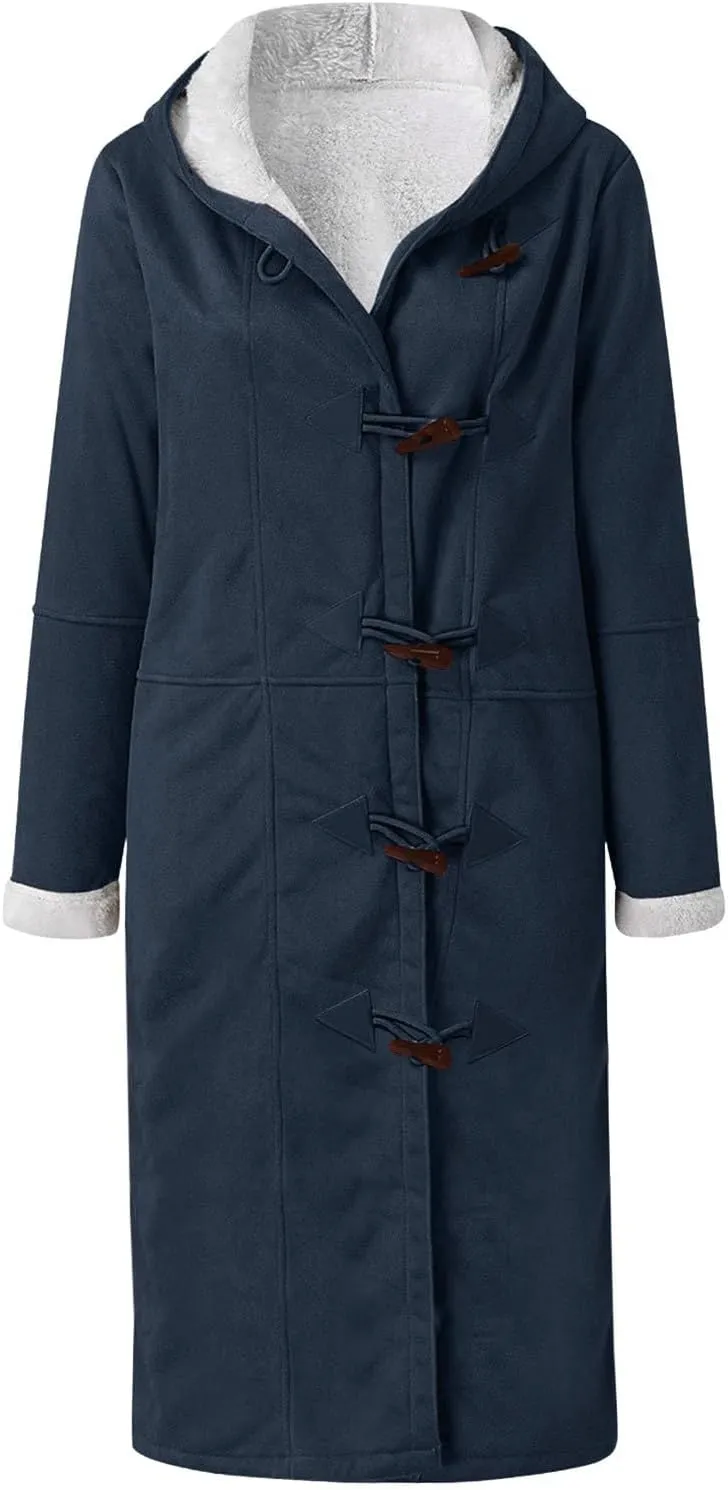 Women's Sherpa Lined Suede Overcoats Thicken Warm Fleece Horn Buttons Long Winter Coat Slim Fit Furry Hooded Jaclets