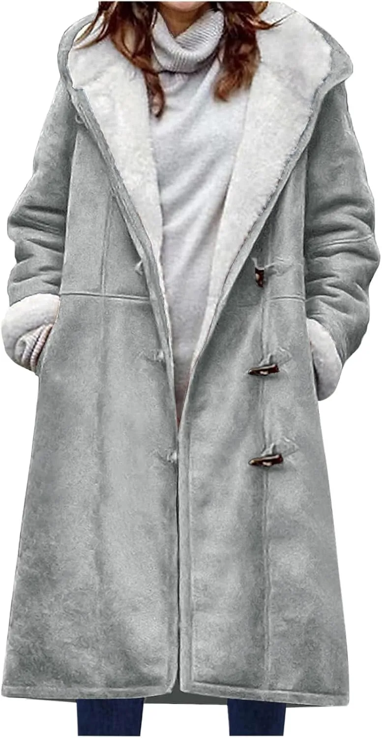 Women's Sherpa Lined Suede Overcoats Thicken Warm Fleece Horn Buttons Long Winter Coat Slim Fit Furry Hooded Jaclets
