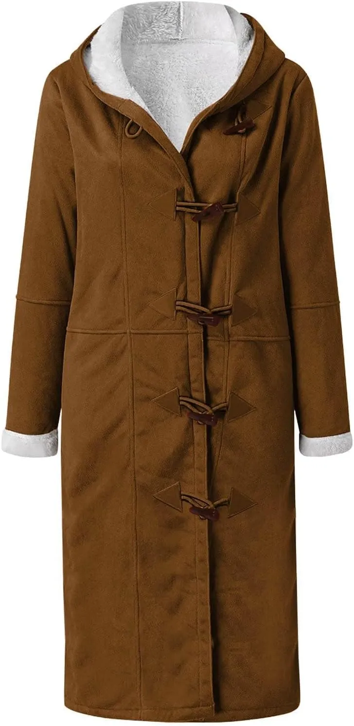 Women's Sherpa Lined Suede Overcoats Thicken Warm Fleece Horn Buttons Long Winter Coat Slim Fit Furry Hooded Jaclets