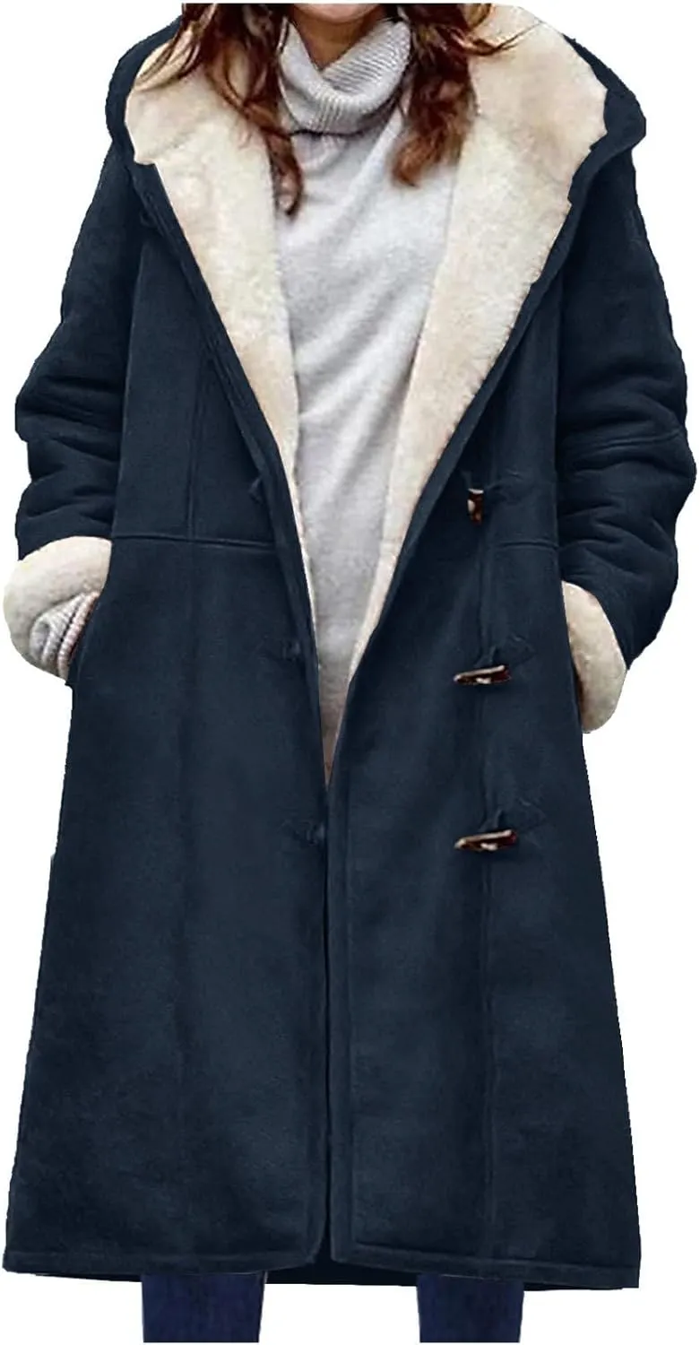 Women's Sherpa Lined Suede Overcoats Thicken Warm Fleece Horn Buttons Long Winter Coat Slim Fit Furry Hooded Jaclets