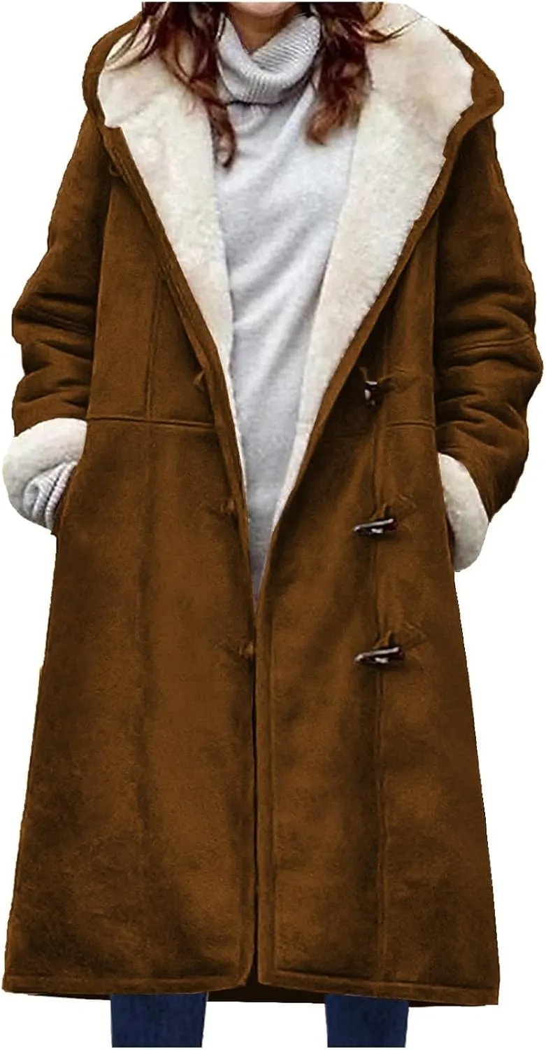 Women's Sherpa Lined Suede Overcoats Thicken Warm Fleece Horn Buttons Long Winter Coat Slim Fit Furry Hooded Jaclets