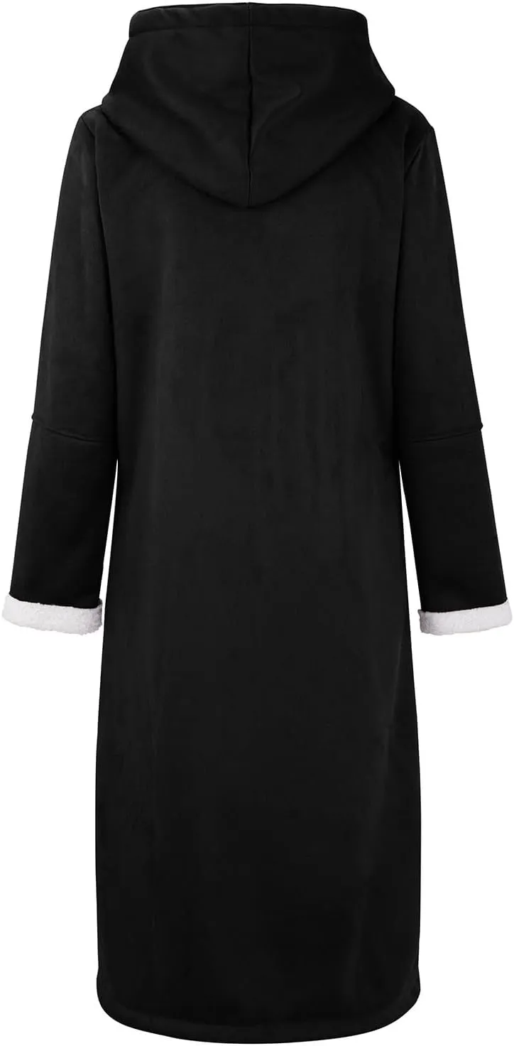 Women's Sherpa Lined Suede Overcoats Thicken Warm Fleece Horn Buttons Long Winter Coat Slim Fit Furry Hooded Jaclets