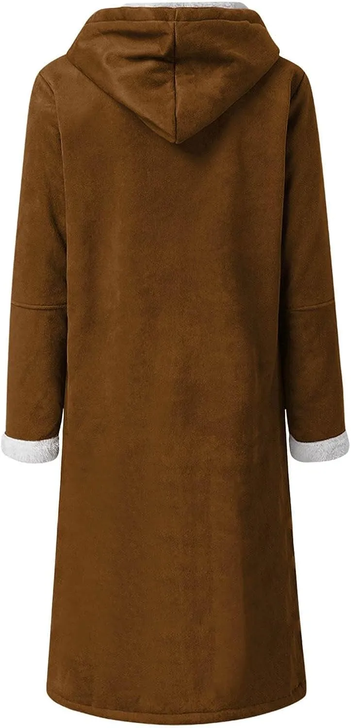 Women's Sherpa Lined Suede Overcoats Thicken Warm Fleece Horn Buttons Long Winter Coat Slim Fit Furry Hooded Jaclets