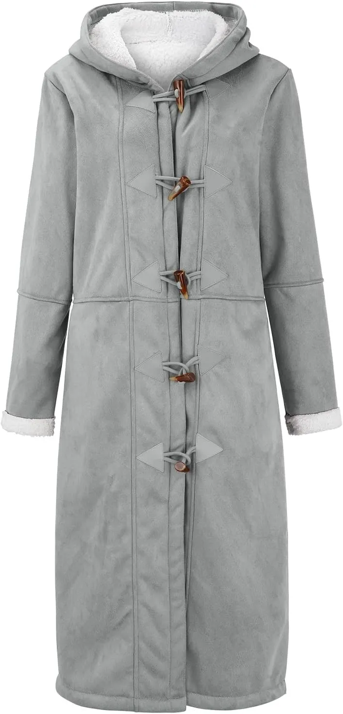 Women's Sherpa Lined Suede Overcoats Thicken Warm Fleece Horn Buttons Long Winter Coat Slim Fit Furry Hooded Jaclets