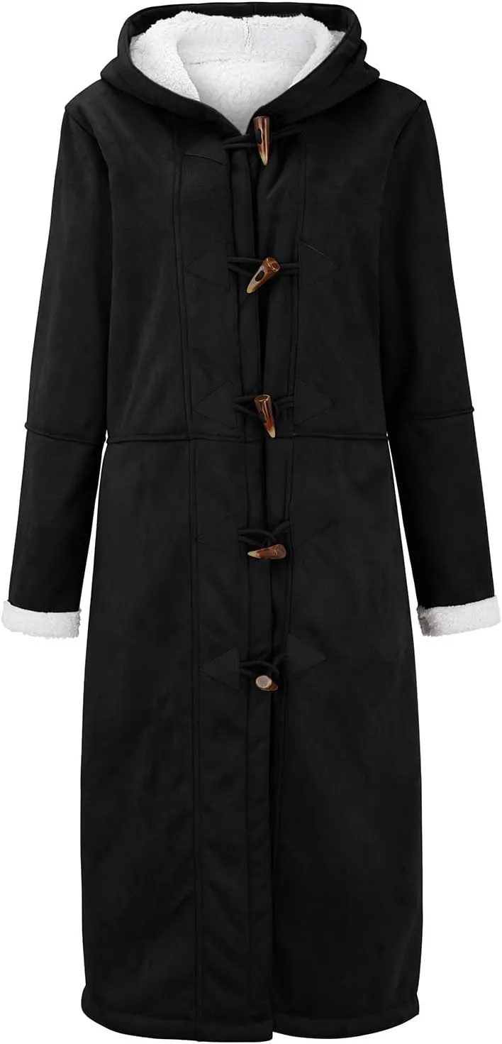 Women's Sherpa Lined Suede Overcoats Thicken Warm Fleece Horn Buttons Long Winter Coat Slim Fit Furry Hooded Jaclets