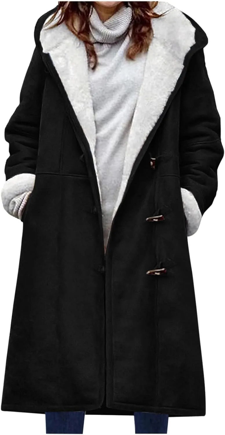 Women's Sherpa Lined Suede Overcoats Thicken Warm Fleece Horn Buttons Long Winter Coat Slim Fit Furry Hooded Jaclets