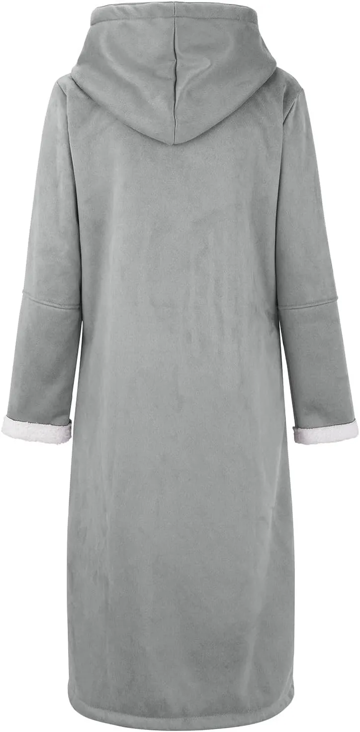 Women's Sherpa Lined Suede Overcoats Thicken Warm Fleece Horn Buttons Long Winter Coat Slim Fit Furry Hooded Jaclets