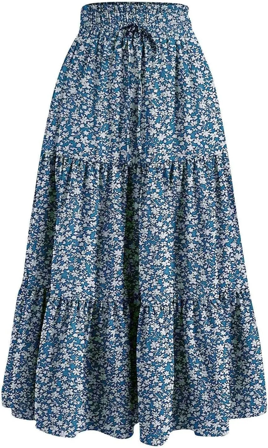 Women's Smocked High Waist Maxi Boho Skirts Casual Beach Vacation Long Skirt with Pockets A-Line Flowy Swing Skirts