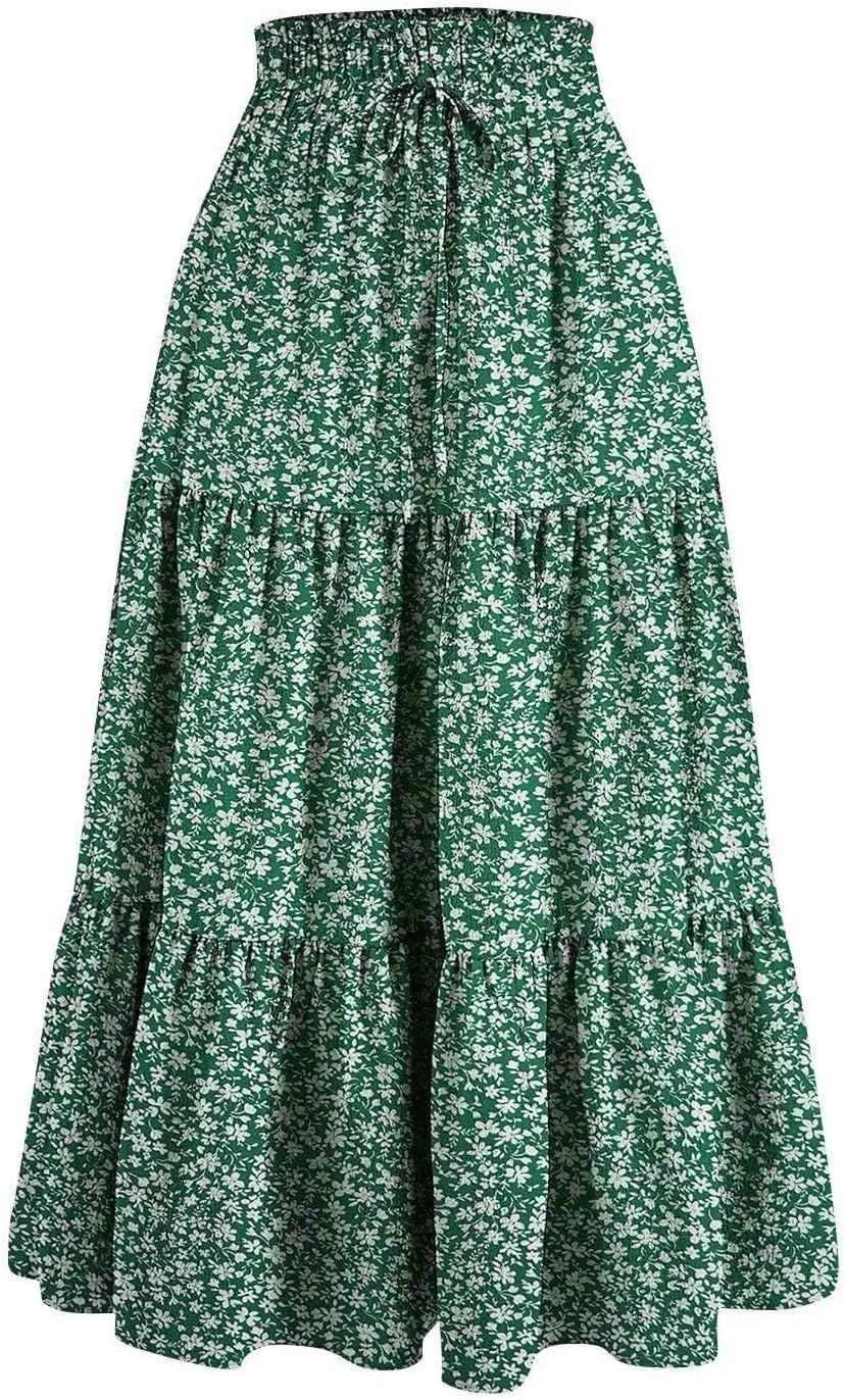 Women's Smocked High Waist Maxi Boho Skirts Casual Beach Vacation Long Skirt with Pockets A-Line Flowy Swing Skirts