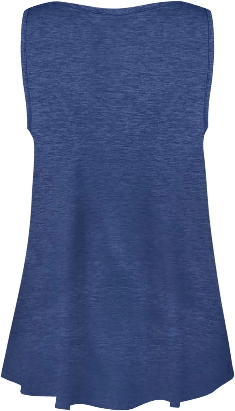 Womens Tank Top Loose Fit Casual Crew Neck Sleeveless Button T Shirts Plus Size 4Th of July Summer Tops