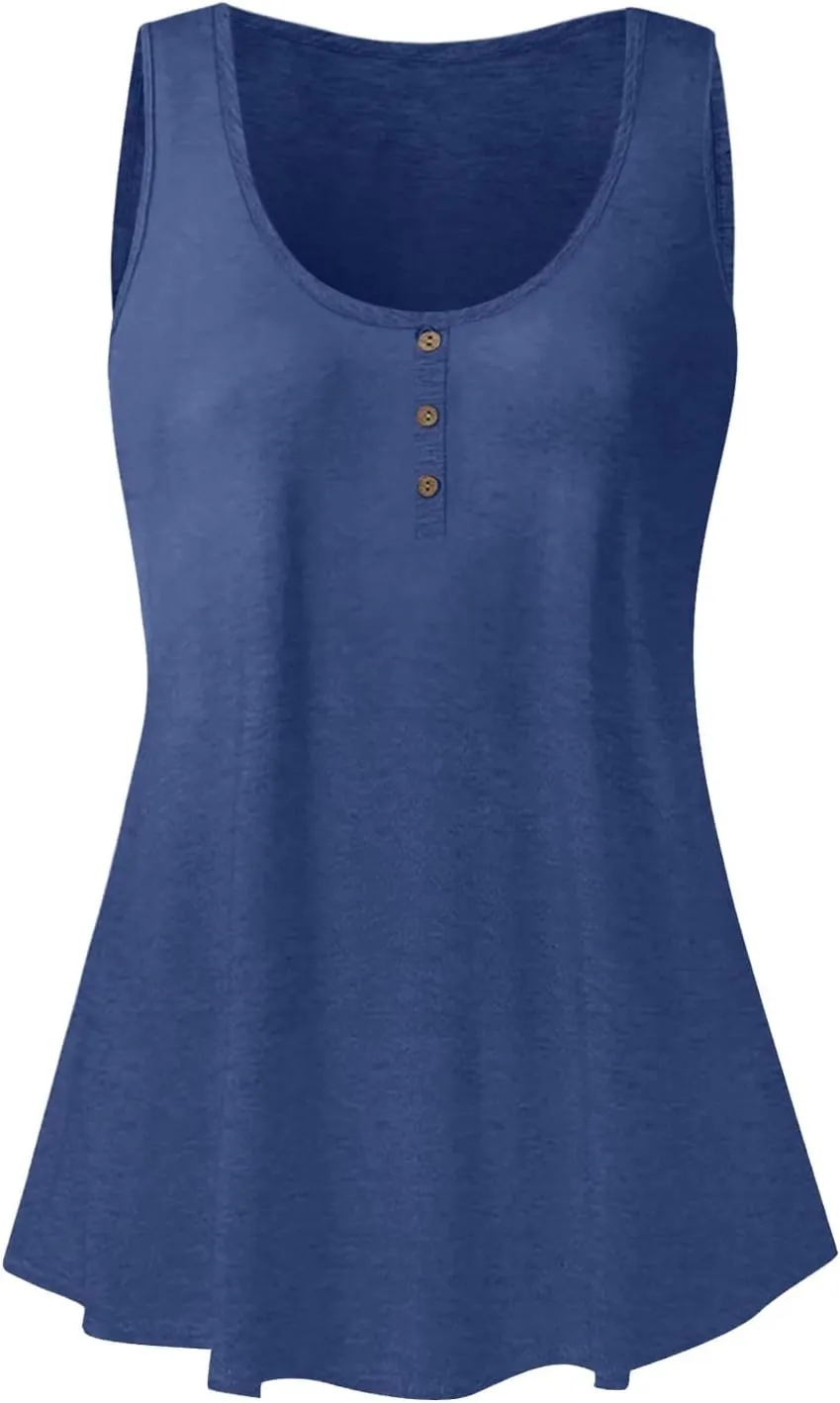 Womens Tank Top Loose Fit Casual Crew Neck Sleeveless Button T Shirts Plus Size 4Th of July Summer Tops
