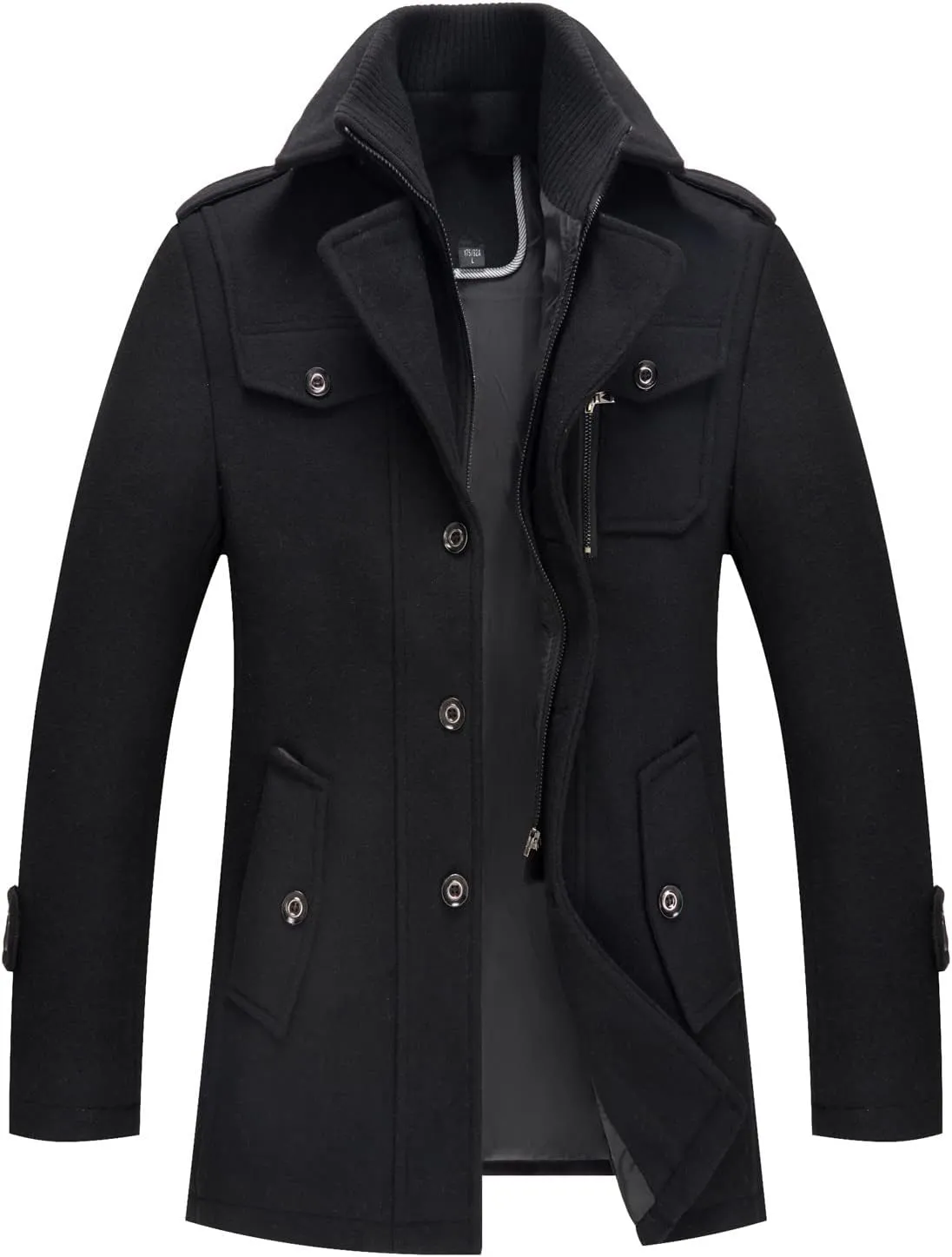 Wool Blend Pea Coat for Men Single Breasted Notched Lapel Jackets Double Layer Winter Windproof Trench Coat Overcoat