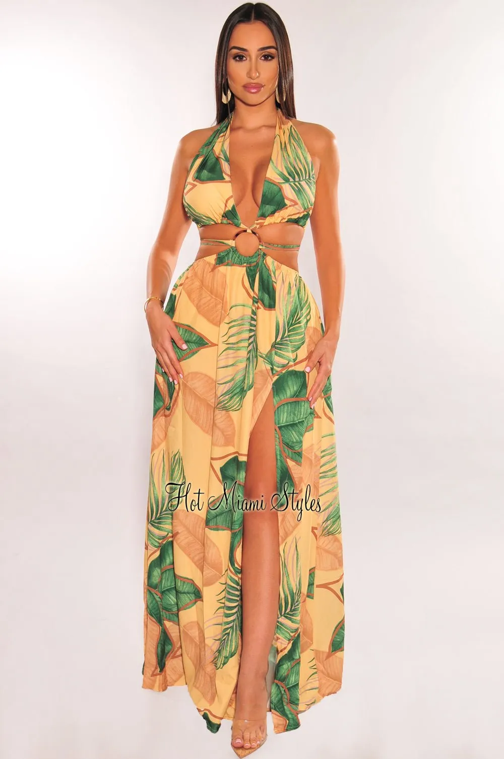 Yellow Tropical Palm Print Halter Padded Belted Slit Maxi Dress
