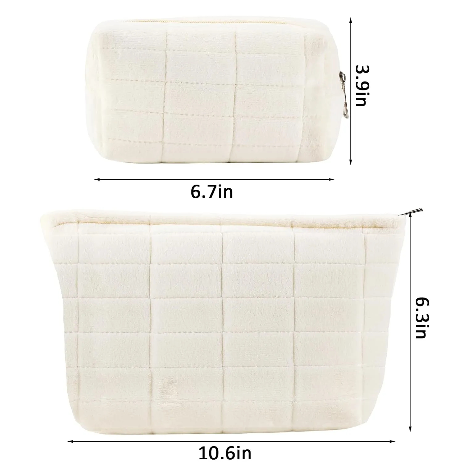 ZLFSRQ 2Pcs Makeup Bag for Women Trendy Large Capacity Cosmetic Bags Plush White Checkered Pouch for Purse Coquette Zippered Toiletry Bag Organizer Y2K Aesthetic Accessories Makeup Brush Storage Bags