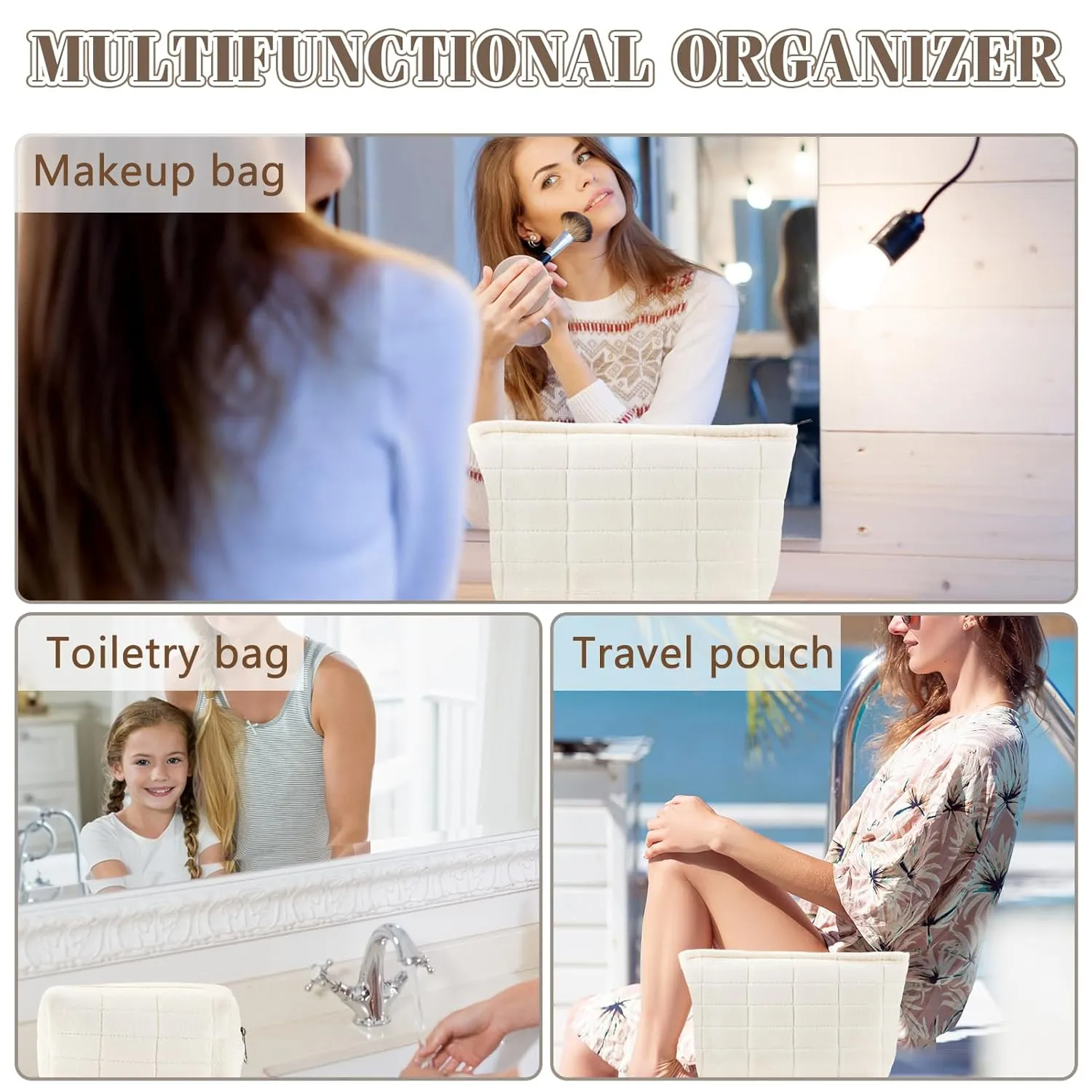 ZLFSRQ 2Pcs Makeup Bag for Women Trendy Large Capacity Cosmetic Bags Plush White Checkered Pouch for Purse Coquette Zippered Toiletry Bag Organizer Y2K Aesthetic Accessories Makeup Brush Storage Bags