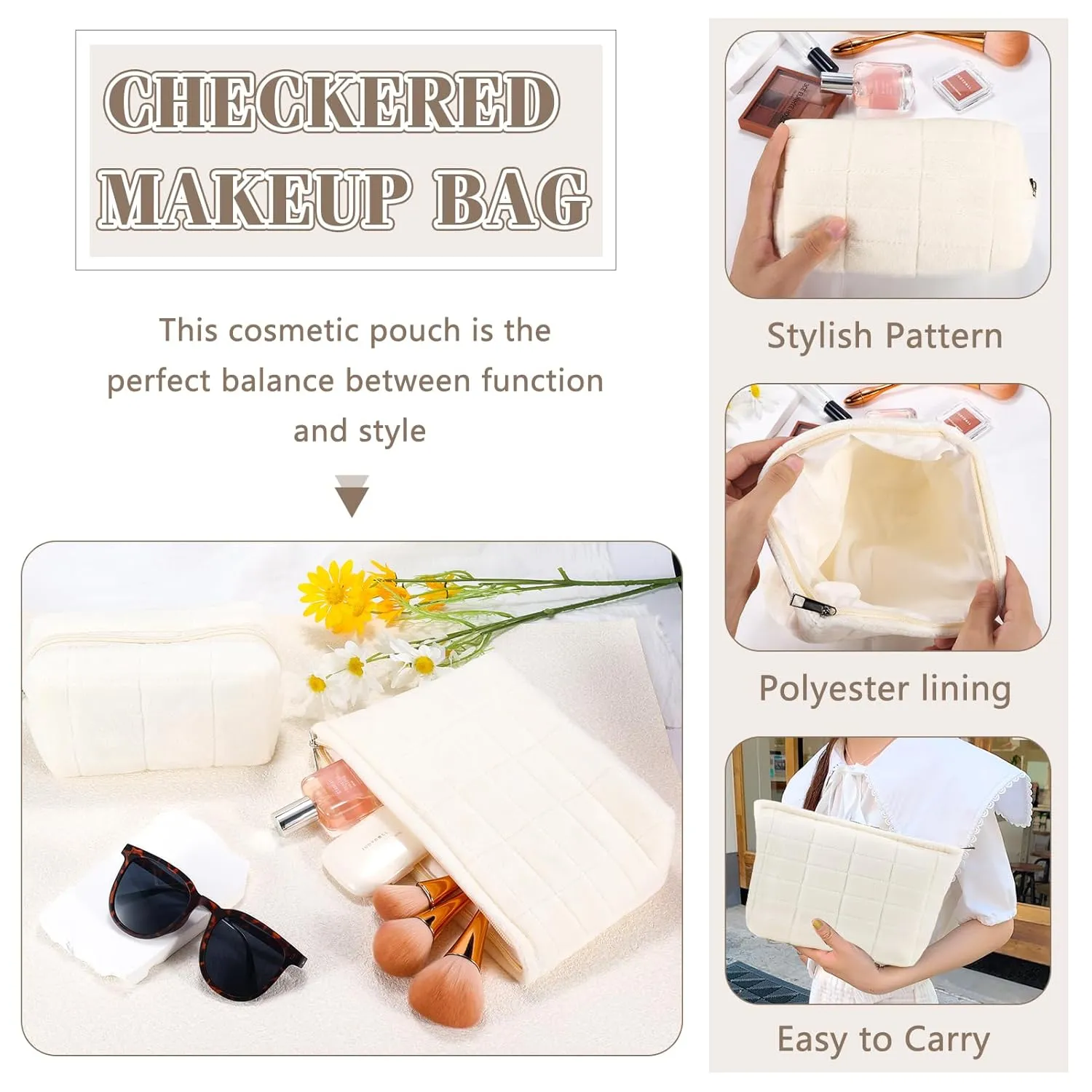 ZLFSRQ 2Pcs Makeup Bag for Women Trendy Large Capacity Cosmetic Bags Plush White Checkered Pouch for Purse Coquette Zippered Toiletry Bag Organizer Y2K Aesthetic Accessories Makeup Brush Storage Bags