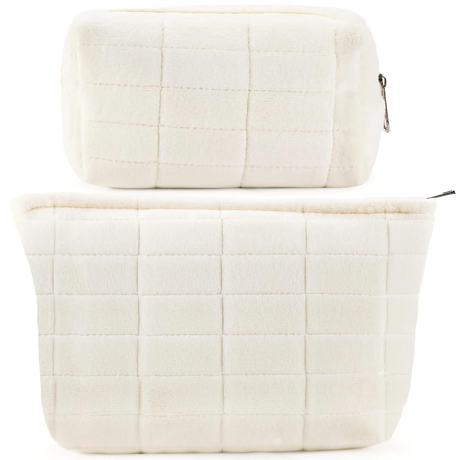 ZLFSRQ 2Pcs Makeup Bag for Women Trendy Large Capacity Cosmetic Bags Plush White Checkered Pouch for Purse Coquette Zippered Toiletry Bag Organizer Y2K Aesthetic Accessories Makeup Brush Storage Bags