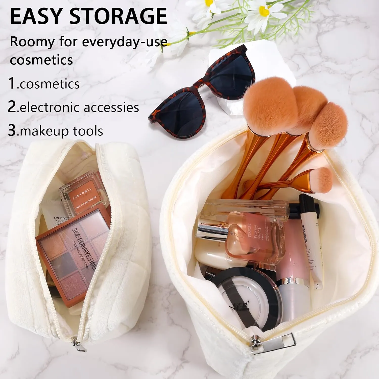 ZLFSRQ 2Pcs Makeup Bag for Women Trendy Large Capacity Cosmetic Bags Plush White Checkered Pouch for Purse Coquette Zippered Toiletry Bag Organizer Y2K Aesthetic Accessories Makeup Brush Storage Bags